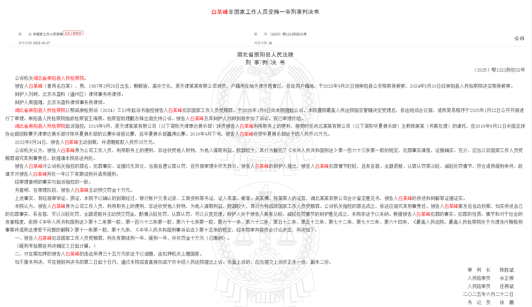 후베이 법원: 전 개발구(TEDA) 선수 바이무펑(Bai Moufeng)이 비정부 직원으로부터 뇌물을 받은 혐의로 집행유예 1년을 선고받았습니다.